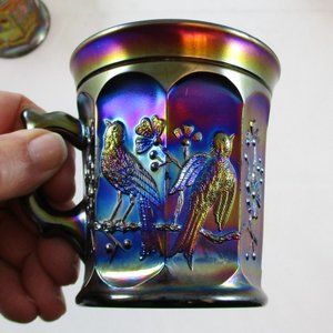 Antique Northwood Singing Birds Blue Carnival Glass Mug